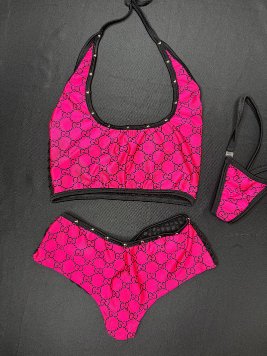 Hot Pink Designer Sports Bra/Shorts Two-Piece Lingerie Outfit