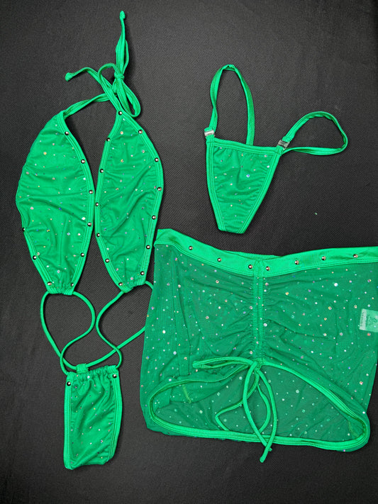 Green Mesh Sling-Shot/Skirt Two-Piece Lingerie Outfit