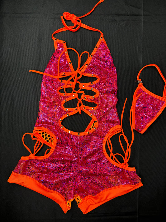 Orange/Metallic Hot Pink One-Piece Lingerie Outfit