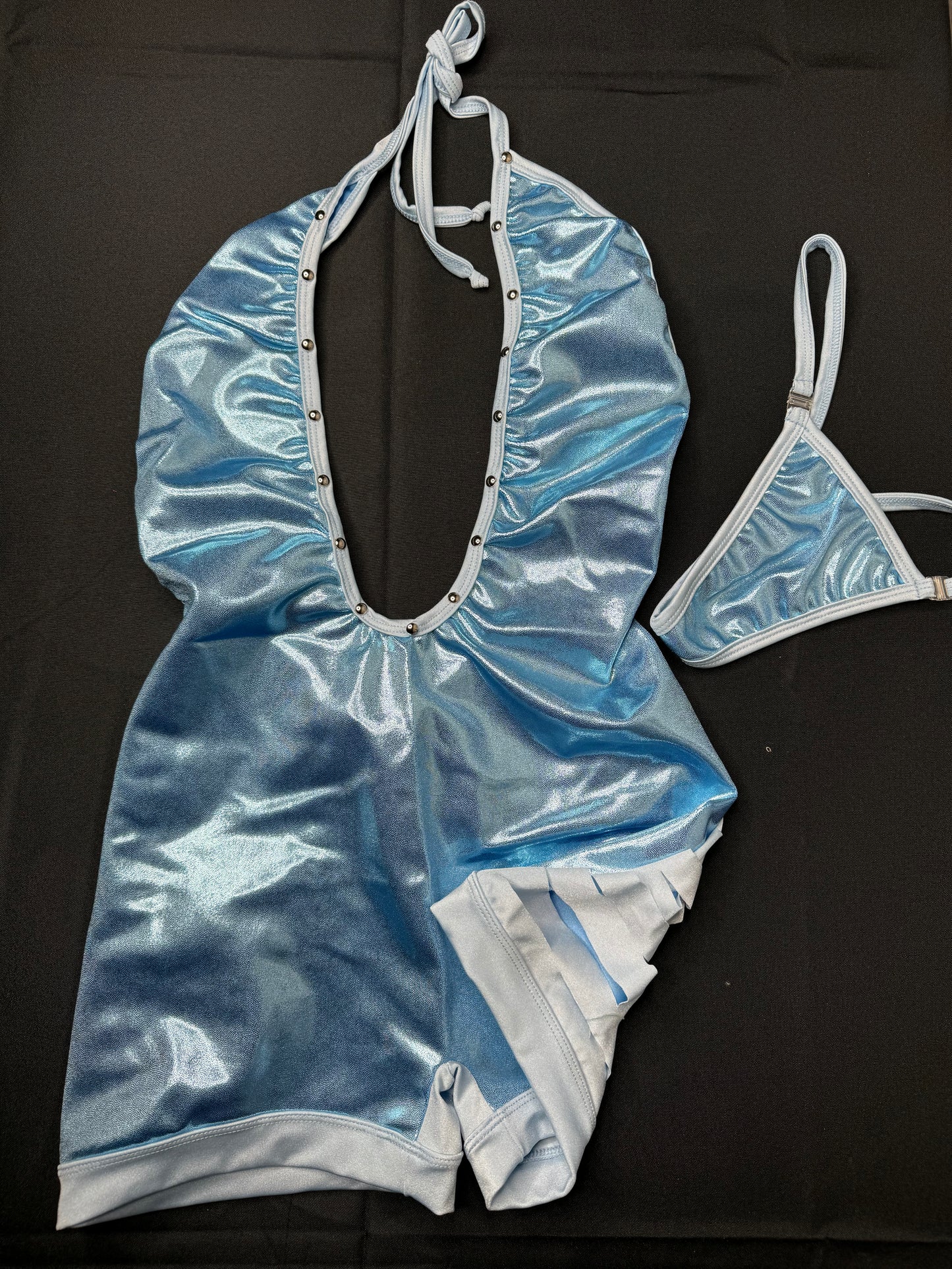 Metallic Blue/Baby Blue Ripped Back One-Piece Stripper Outfit