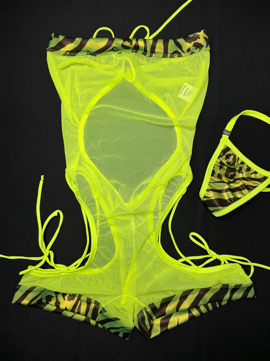 Neon Yellow/Neon Green One-Piece Mesh Exotic Dancer Outfit