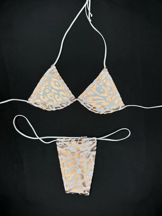White/Gold Cheetah Print Micro Two-Piece Bikini Lingerie Outfit