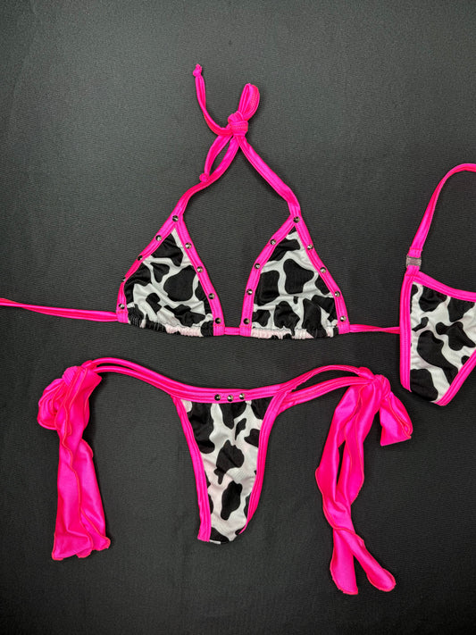 Cow Print/Hot Pink Two-Piece Side-Tie Bikini Lingerie Outfit
