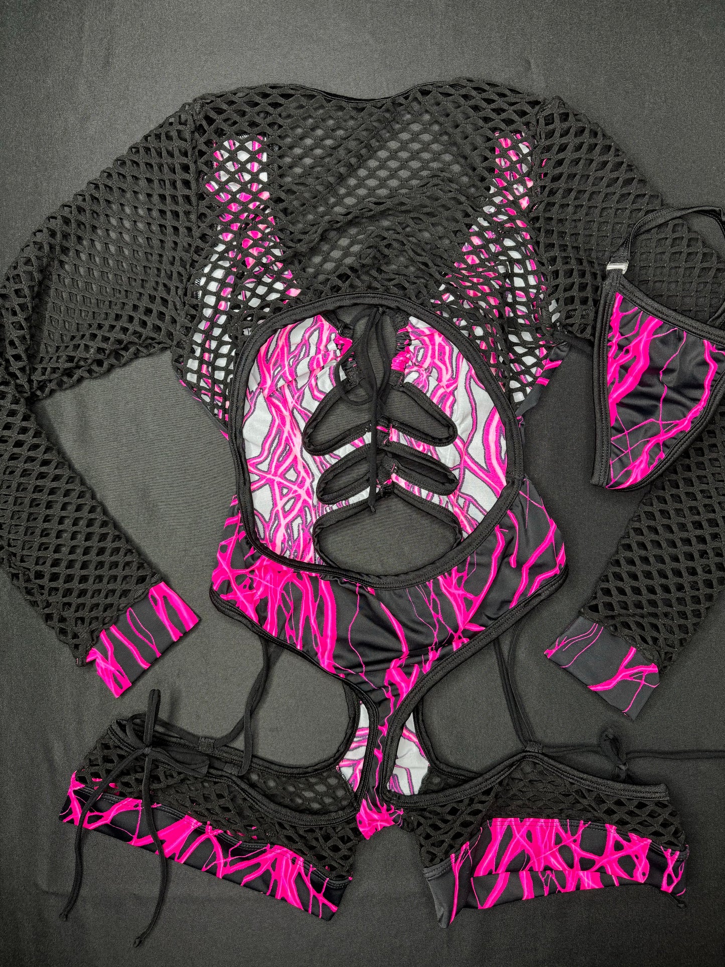 Hot Pink Thunder/Black Fishnet One-Piece Lingerie Outfit