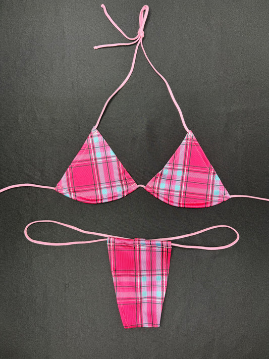 Pink Plaid Two-Piece Micro Bikini Lingerie Outfit