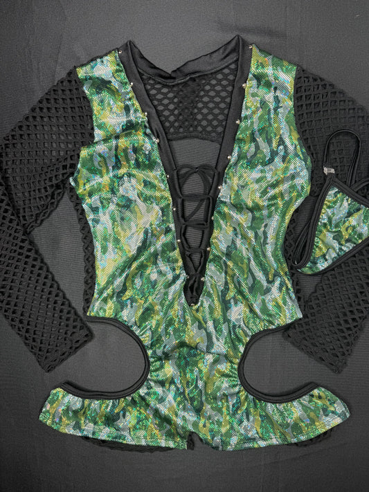 Green Metallic Camouflage/Black Fishnet One-Piece Romper Lingerie Outfit