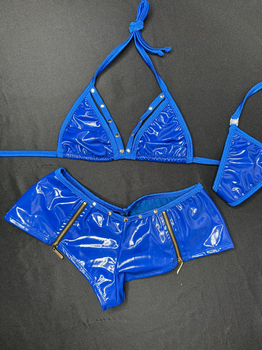 Royal Blue Latex Two-Piece Bikini Top/Shorts Lingerie Outfit