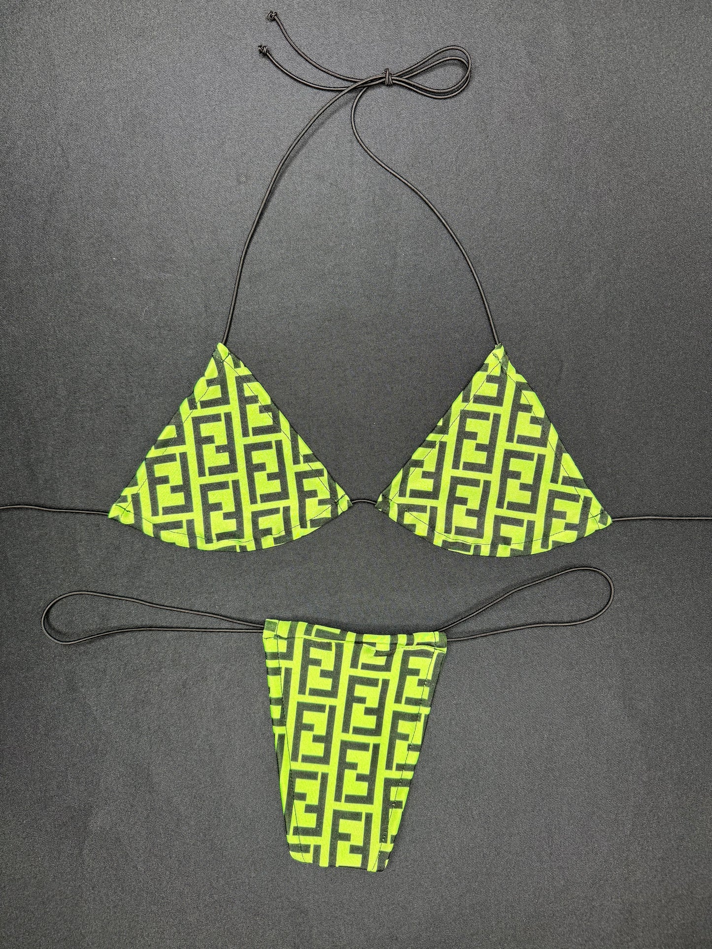 Neon Yellow Designer Two-Piece Micro Bikini Lingerie Outfit