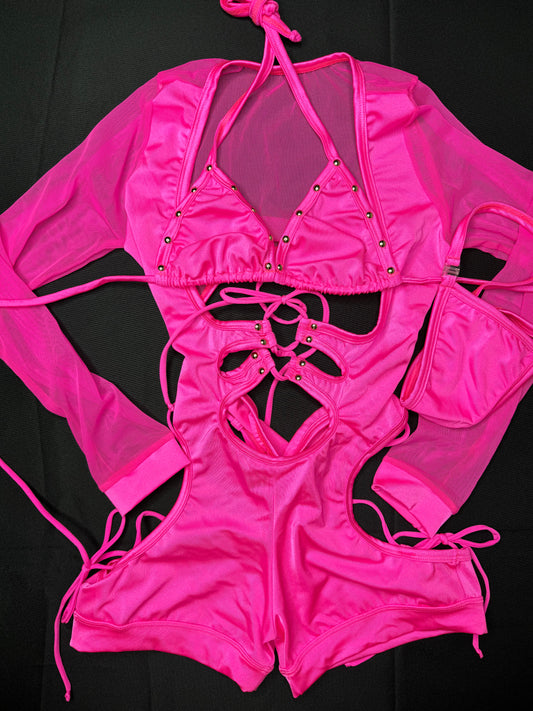 Hot Pink Mesh Bikini Top One-Piece Romper Lingerie Outfit