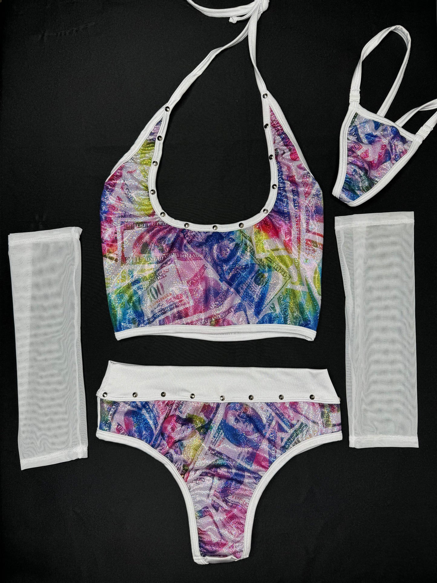 Holographic Money Print Three-Piece Lingerie Outfit