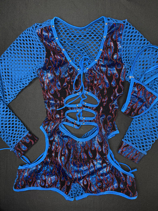 Royal Blue Flame Spandex/Fishnet One-Piece Romper Lingerie Outfit