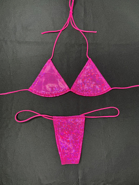 Holographic Hot Pink Micro Bikini Lingerie Outfit