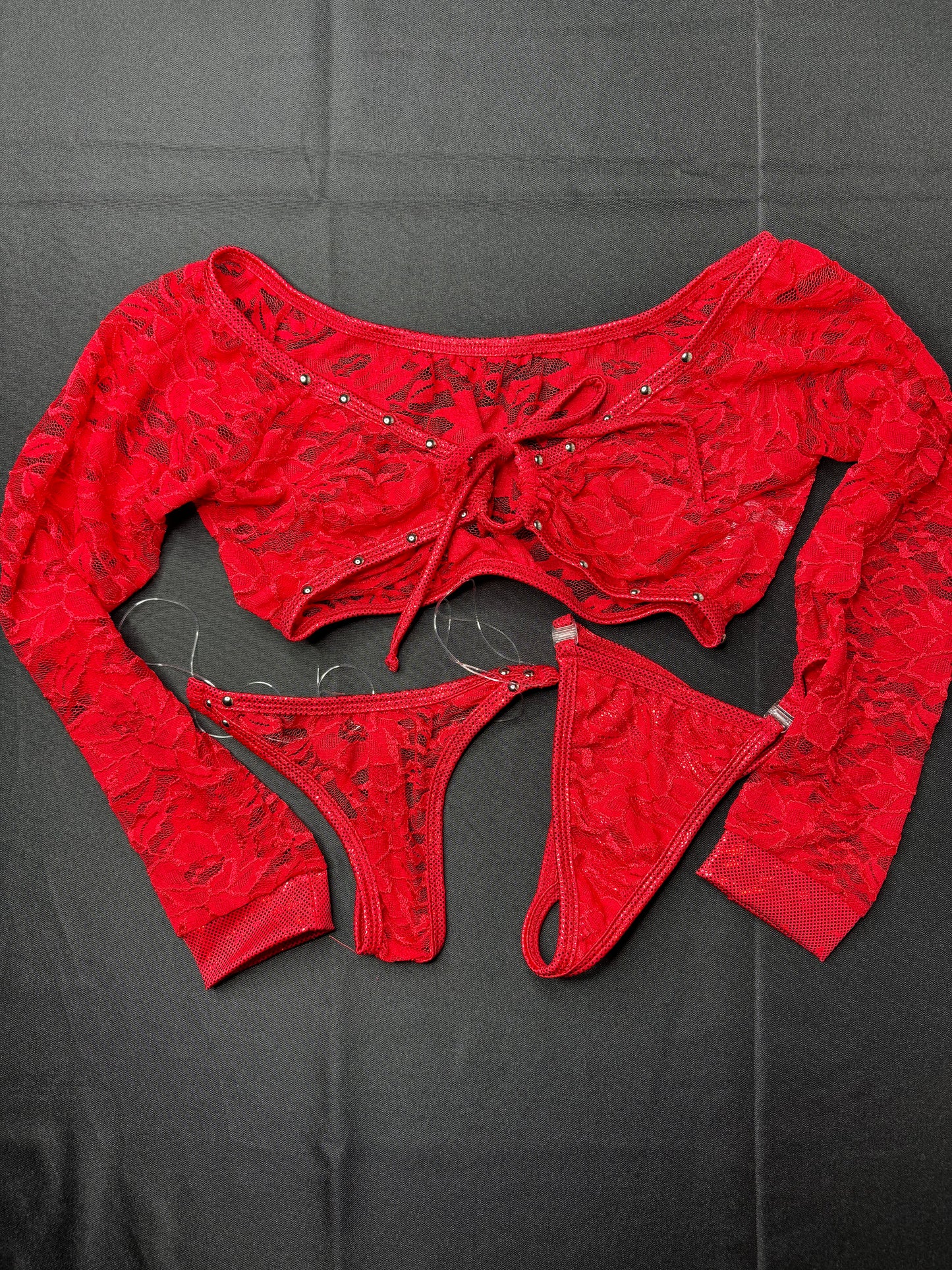 Metallic Red/Red Flower Pattern Lace Long Sleeve Valentine’s Day Exotic Dancer Outfit
