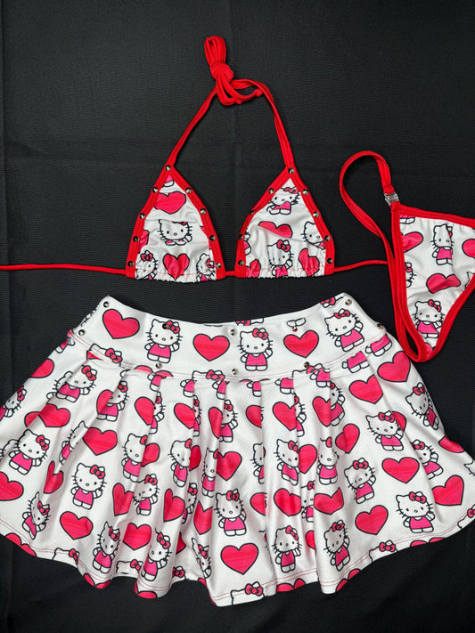 Red/White Heart Kitty Skirt Lingerie Outfit