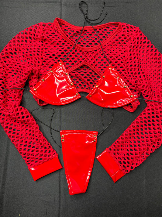 Red Latex Three-Piece Stripper Outfit