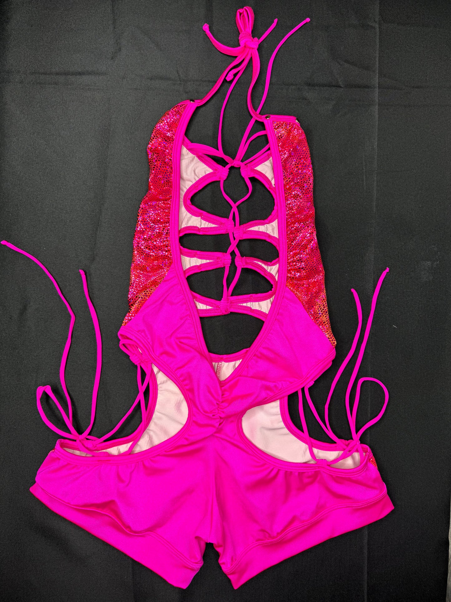 Hot Pink/Metallic Pink Scale One-Piece Romper Lingerie Outfit