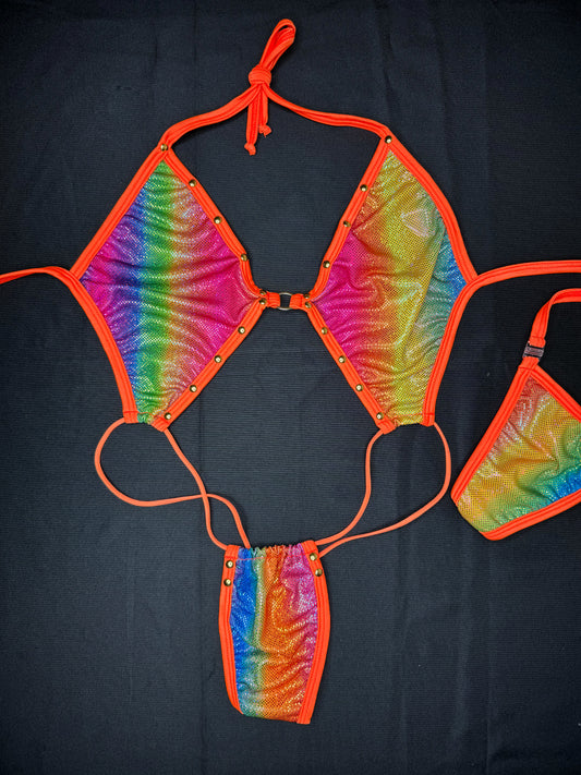 Orange/Metallic Rainbow Sling-Shot One-Piece Exotic Dancer Outfit