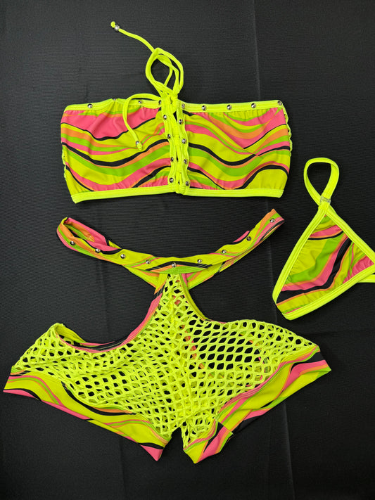 Yellow/Pink Two-Piece Tube Top Two-Piece Exotic Dancer Outfit