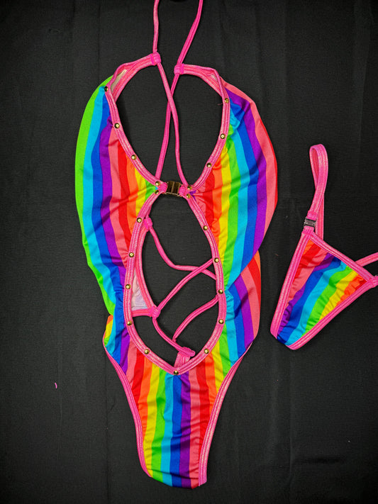 Metallic Pink/Rainbow Pride One-Piece Lingerie Outfit