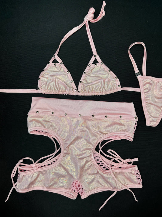 Metallic Pink/Pink Bikini Top/Shorts Two-Piece Lingerie Outfit