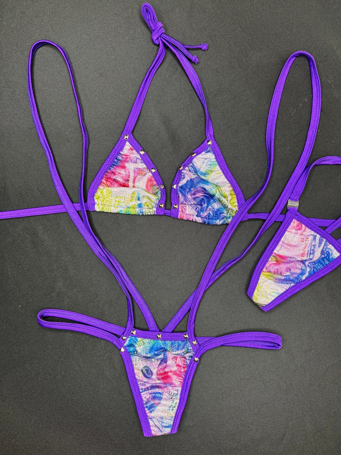 Rainbow Money Print/Purple SlingShot One-Piece Lingerie Outfit