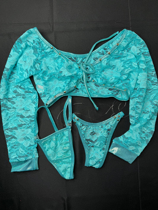 Metallic Mint/Mint Flower Pattern Lace Two-Piece Exotic Dancer Outfit