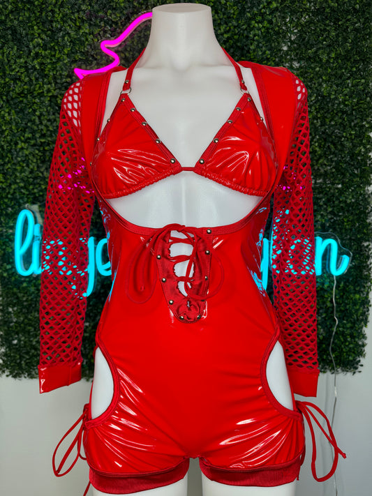 Red Latex/Fishnet Valentines Day Bartender Romper Outfit