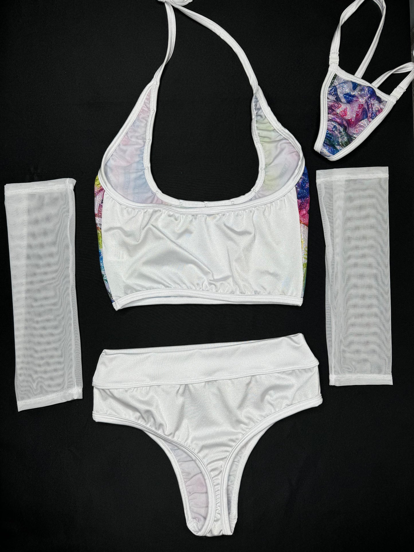 Holographic Money Print Three-Piece Lingerie Outfit