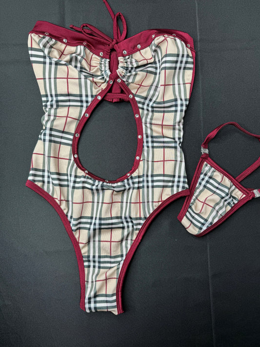 Plaid & Burgundy One-Piece Exotic Dancer Outfit