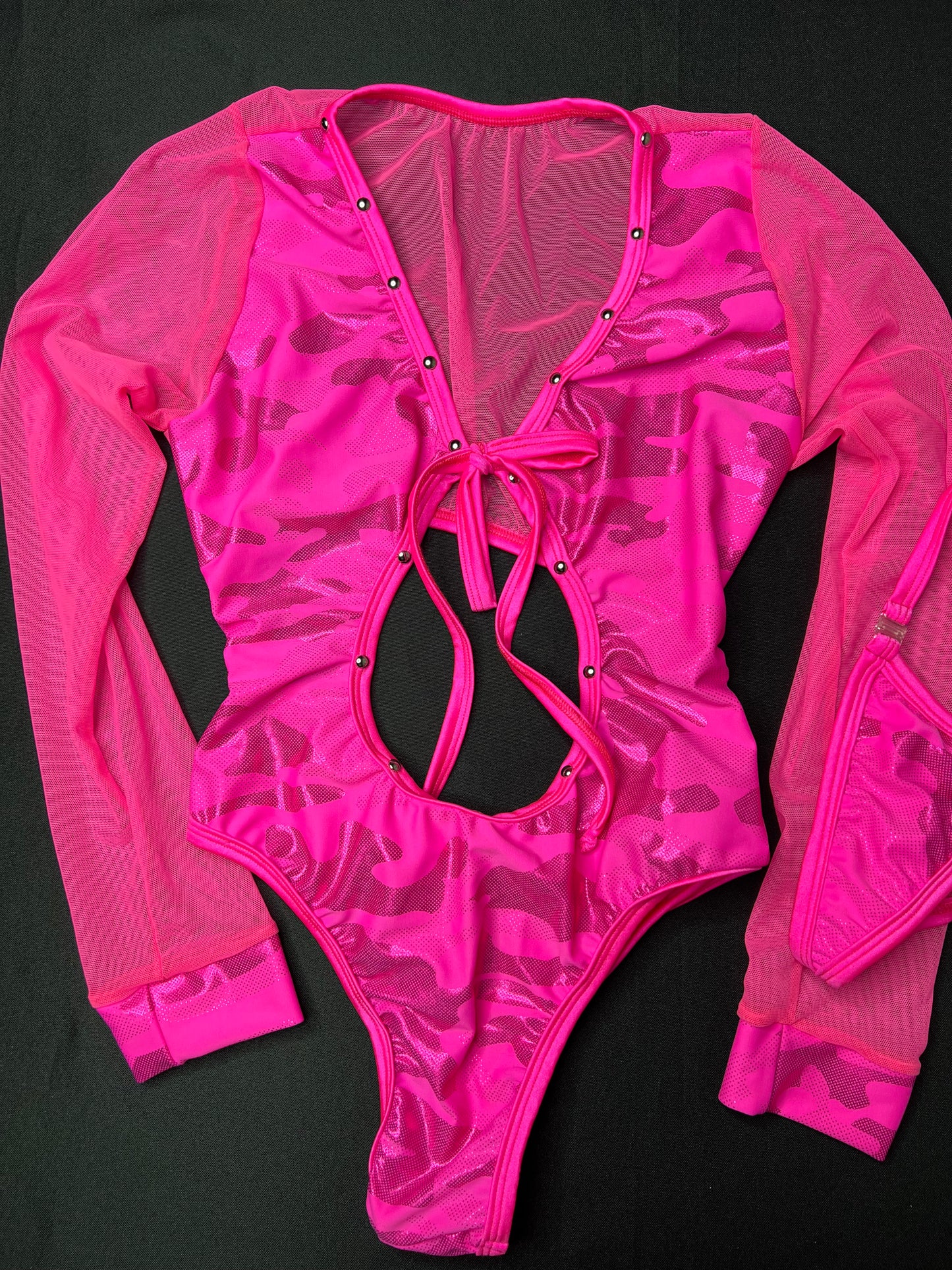 Hot Pink Camouflage Spandex/Hot Pink Mesh Long Sleeve One-Piece Leotard Outfit