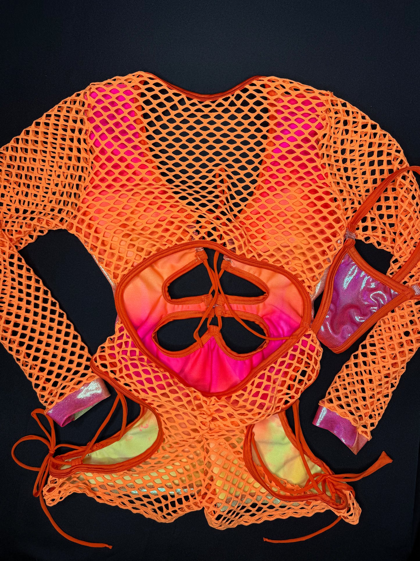 Pink/Yellow Ombré/Orange Fishnet Romper Lingerie Outfit