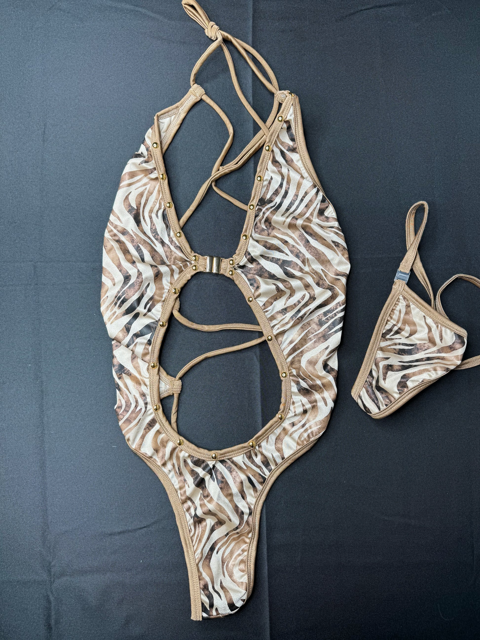 Tan Tiger Stripe One-Piece Stripper Outfit