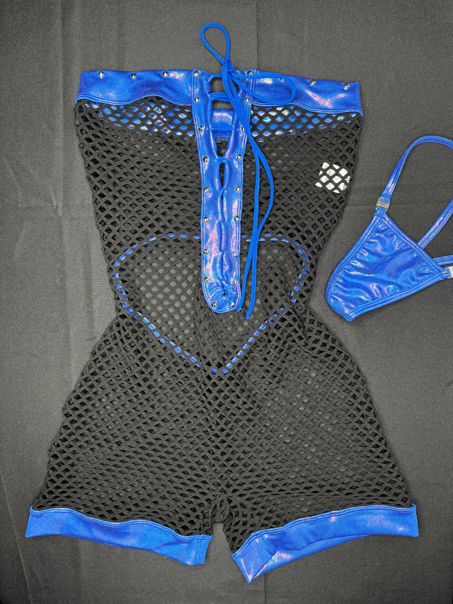 Mystic Blue/Black Fishnet One-Piece Lingerie Outfit