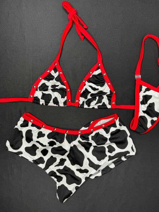 Red/White Cow Print Two-Piece Bikini Top/Shorts Lingerie Outfit