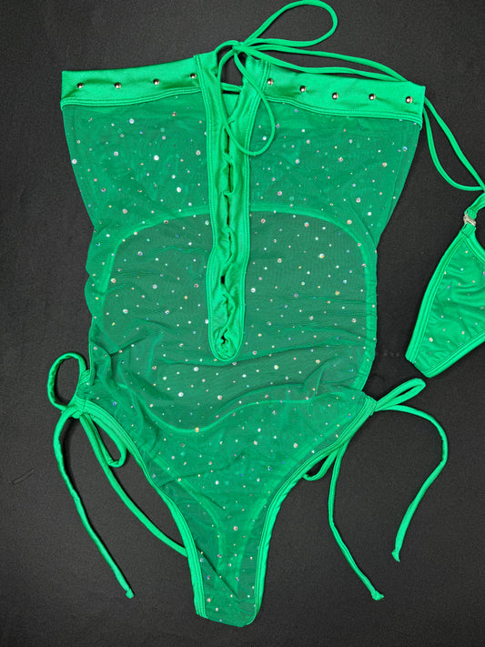 Kelly Green/Hunter Green Sparkle Mesh One-Piece Lingerie Outfit