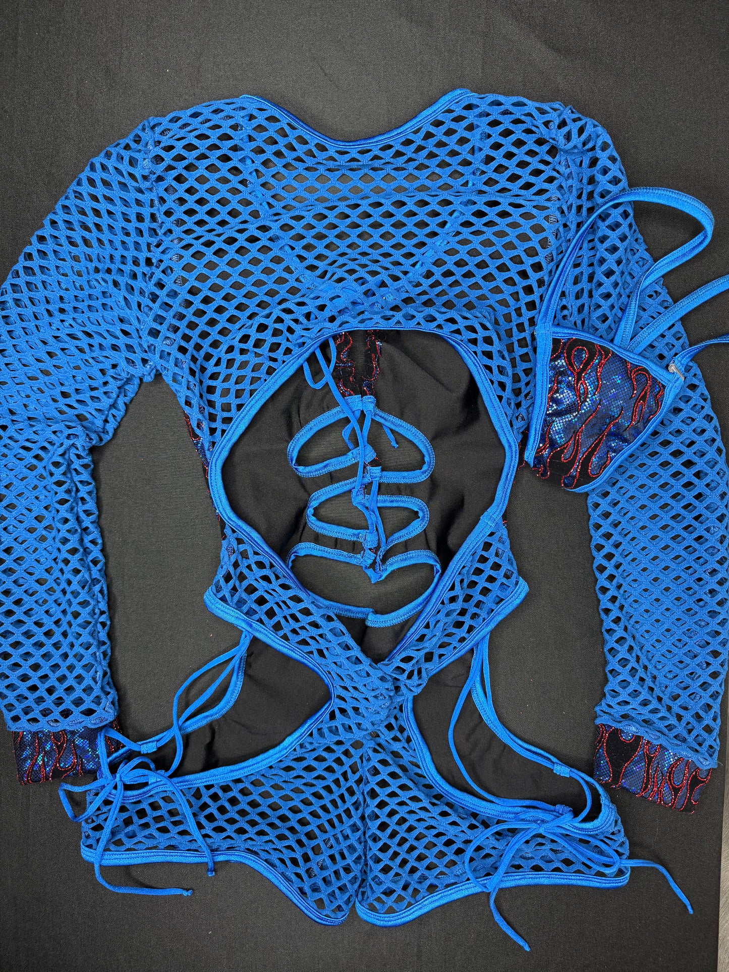 Royal Blue Flame Spandex/Fishnet One-Piece Romper Lingerie Outfit