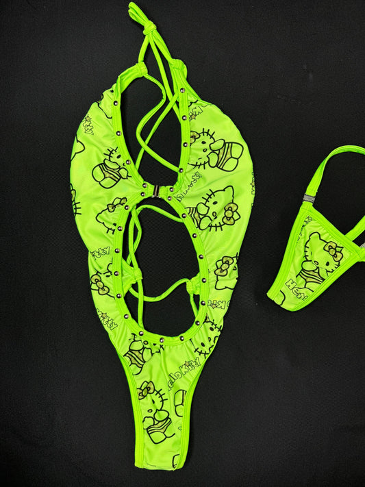 Neon Green Kitty One-Piece Lingerie Outfit