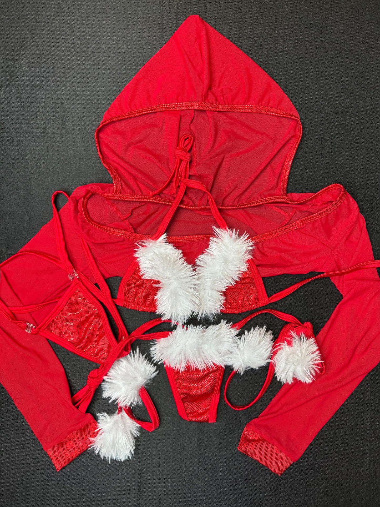 Red Mesh/Metallic Spandex Three-Piece Christmas Hoodie Bikini Lingerie Outfit