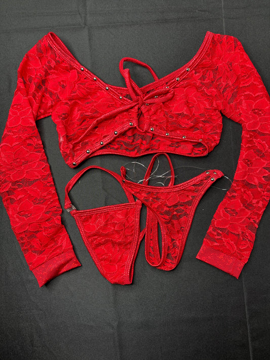 Metallic Red/Red Flower Pattern Lace Long Sleeve Valentine’s Day Exotic Dancer Outfit
