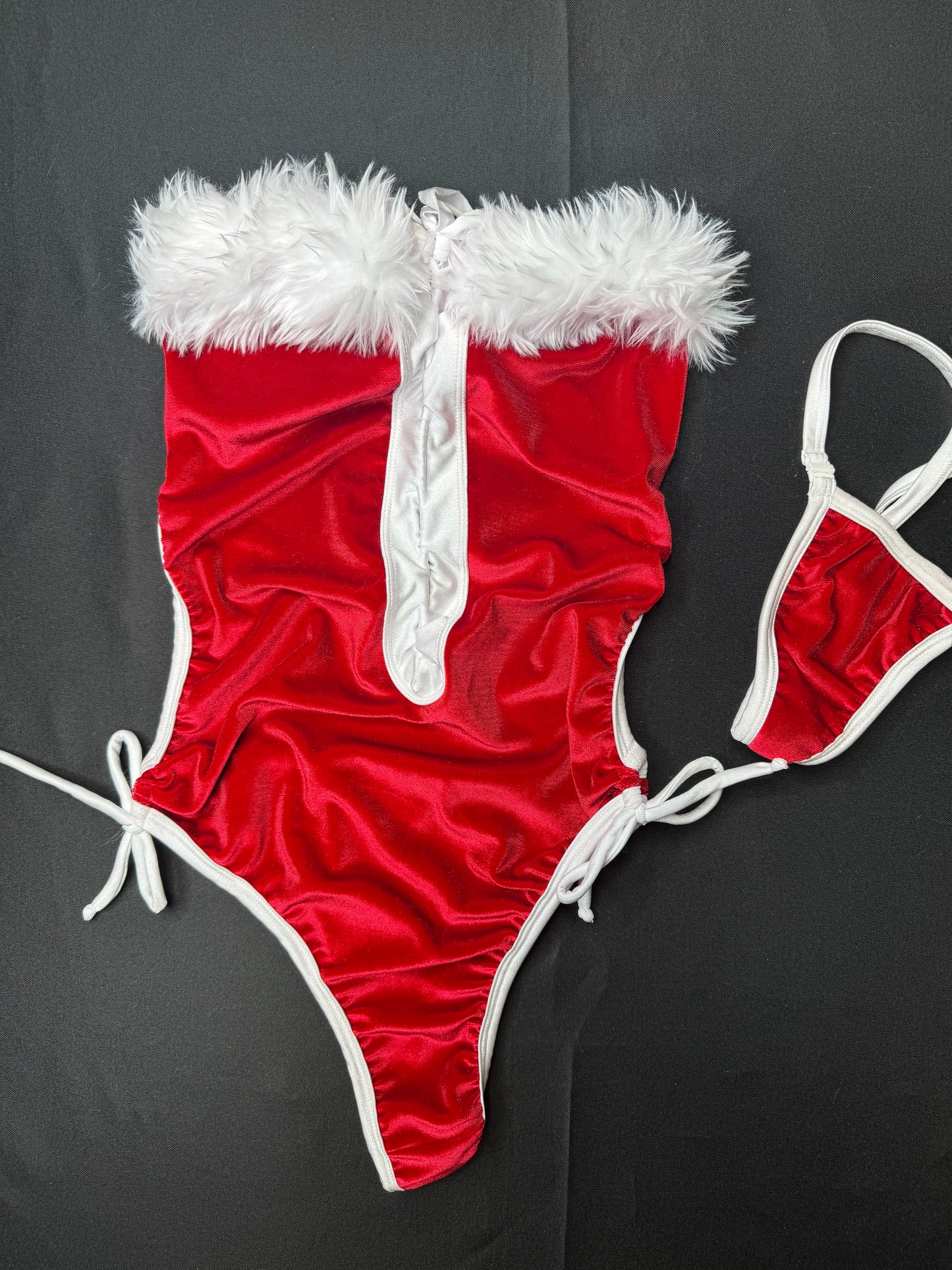 Exotic Dance Wear Red Velvet & White One-Piece Christmas Outfit