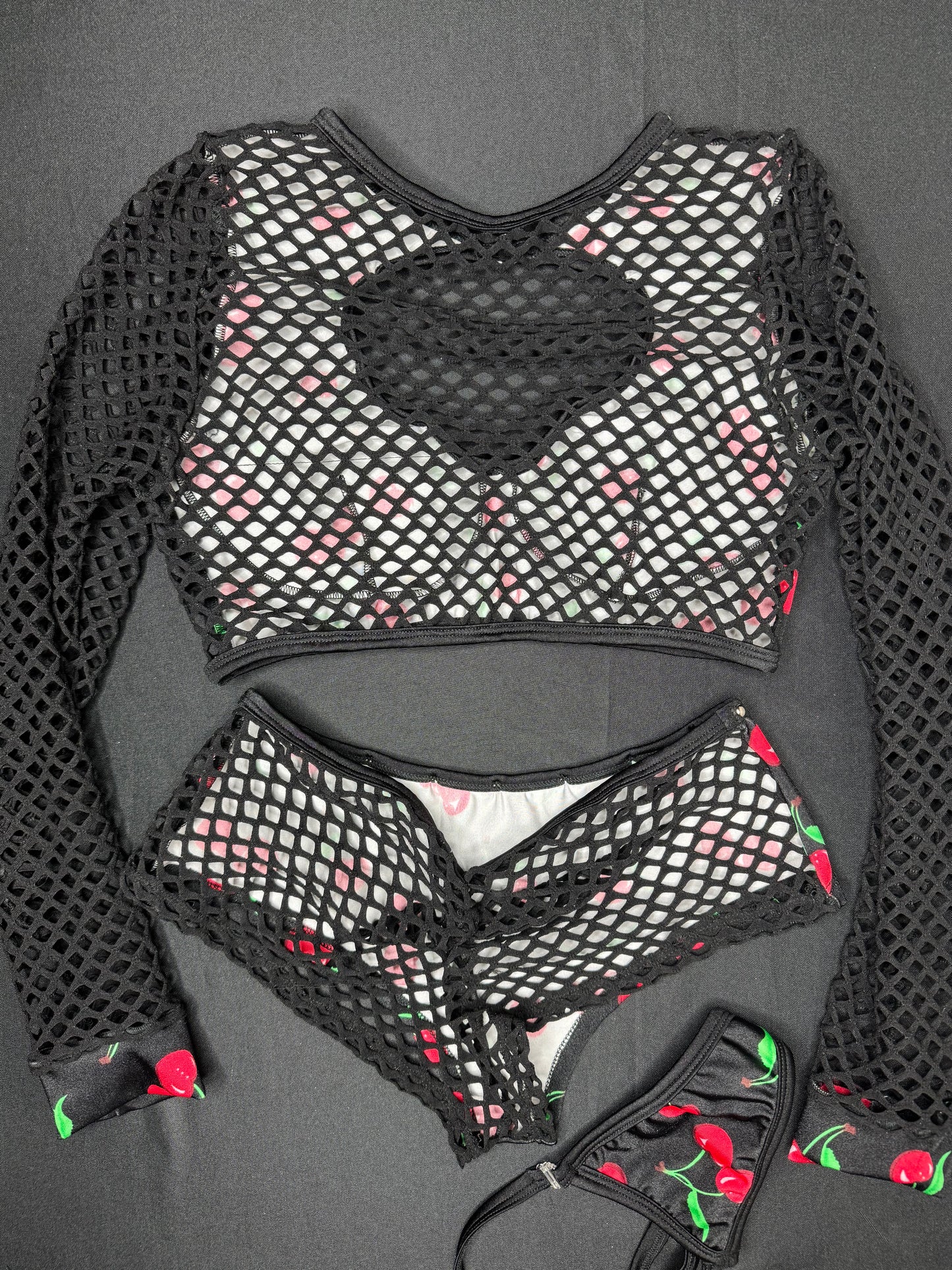 Red Cherry/Black Spandex/Fishnet Two-Piece Long Sleeve/Shorts Lingerie Outfit