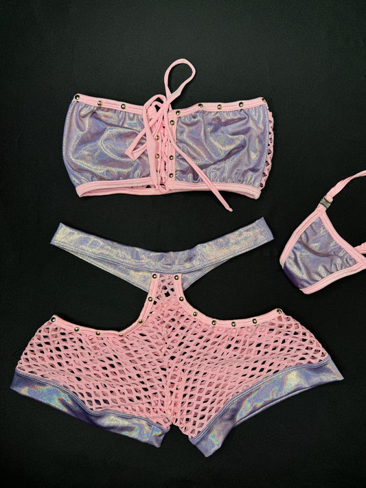 Microdot Lavender/Baby Pink Fishnet Tube Top/Shorts Two-Piece Lingerie Outfit