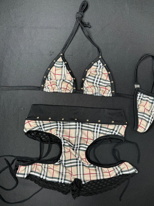 Plaid Designer/Black Bikini Top/Shorts Two-Piece Lingerie Outfit