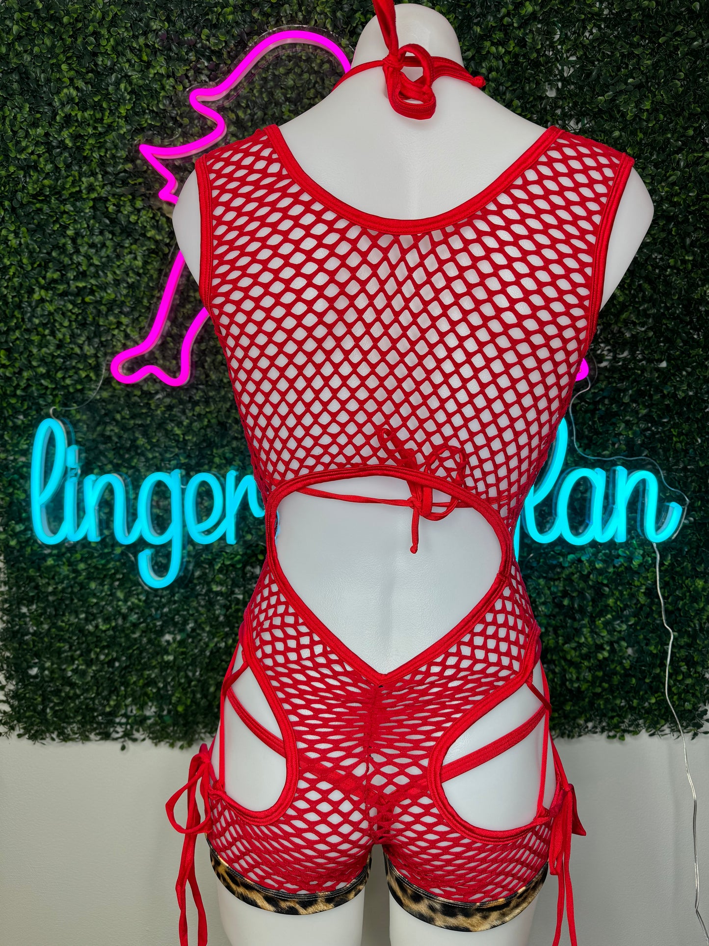 Cheetah Red Fishnet Romper Lingerie Exotic Dance wear