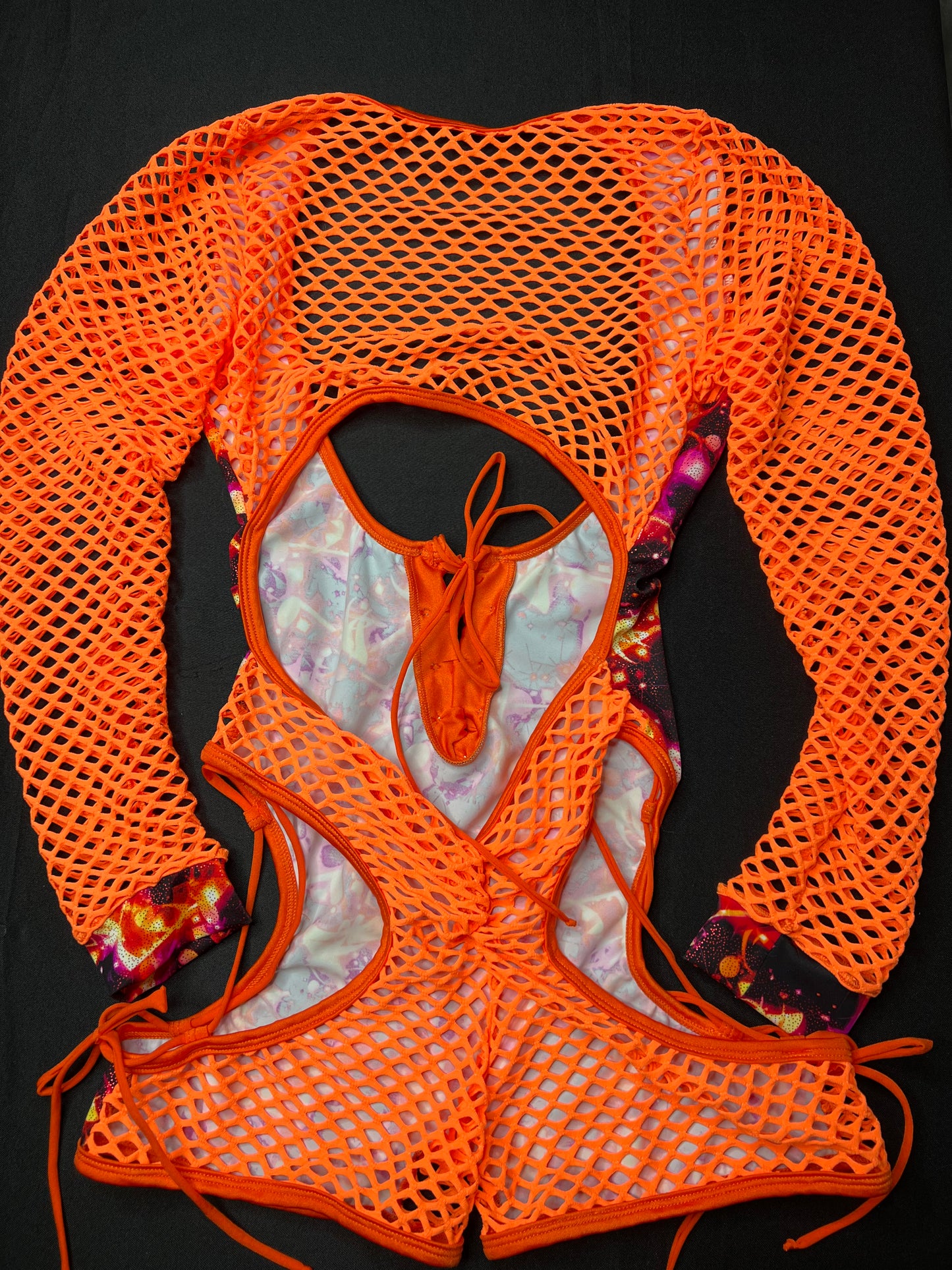 Star Print/Orange Fishnet Romper Bikini Top One-Piece Lingerie Outfit