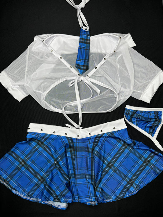 White/Blue Plaid School Girl Skirt Lingerie Outfit