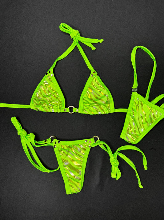 Neon Green Tiger Stripe Two-Piece Bikini/Side-Tie Bikini Bottoms Lingerie Outfit