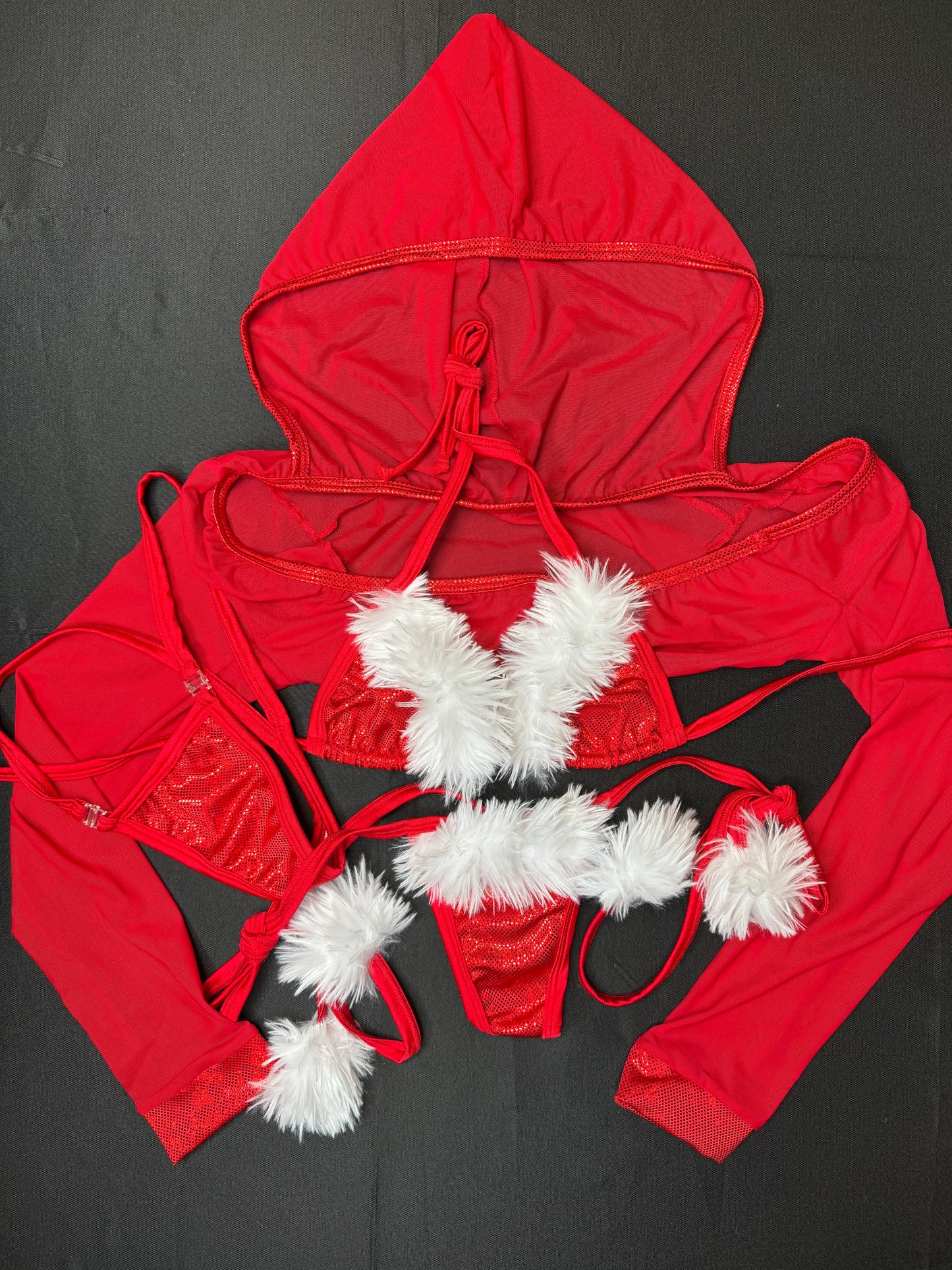 Red Mesh/Metallic Spandex Three-Piece Christmas Hoodie Bikini Lingerie Outfit