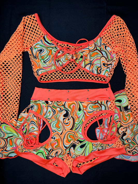 Cosmic Orange Fringe Two-Piece Exotic Dancer Outfit