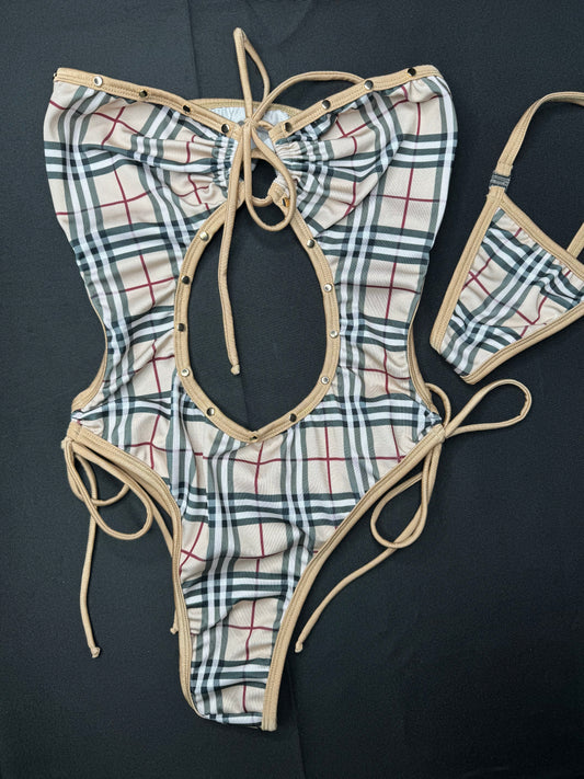 Tan Plaid One-Piece Lingerie Outfit Exotic Dance Wear Strippers' Delight